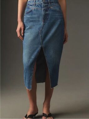 Reformation High-Waist Denim Midi Skirt with Front Slit in Hemlock wash